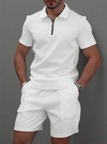 Manfinity Homme Manfinity Men's Fashionable 3D Textured Casual Polo Set Polo Co-Ords,Men's Textured Short Sleeve Top And Shorts, INS Best-Selling Summer 2pcs Set - White - View 3
