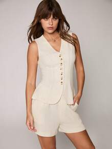 Flirla 2pcs/Set Women Apricot Linen V-Neck Sleeveless Vest & Loose Casual Vacation Shorts Suit