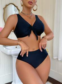 Swim DD+ Women's Solid Color Knotted Front Sexy Bikini Two Pieces Swimwear For Summer Beach Vacation - Black - View 4