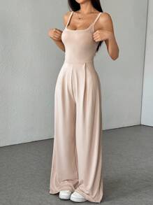 SHEIN PETITE Women's Solid Color Casual Sleeveless Backless Straight Jumpsuit - Apricot - View 1