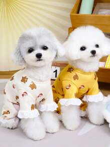 PETSIN Yellow Spring/Summer Simple Casual Home Wear Bear & Mushroom Print Hollow Ruffle Cuff Wearable & Leash Friendly Soft Pet Jumpsuit