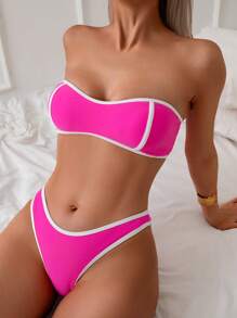 SHEIN Swim 2 Stücke Damen Zweiteiler Kontrast Farbe Träger Bikini Set, lässiger Urlaubsbadetextilien - Verschiedenfarbig - Übersicht 4