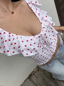 Sunnyshic Women's Vacation Casual Polka Dot Print V-Neck Ruffle Blouse - White - View 5