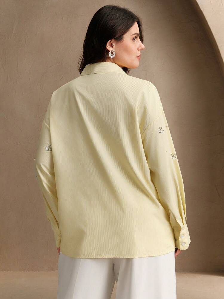 Plus Size Women Elegant Rhinestone & Pearl Embellished Striped Loose Casual Blouse, Suitable For Street, Resort, Spring Women's Blouses And Shirts