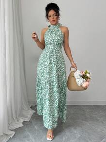 Elenzga Women's Green Ditsy Floral Halter Neck Backless Gathered Waist Casual Vacation Midi Dress