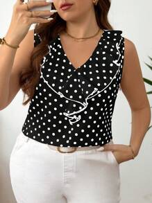 SHEIN Clasi Plus Size Polka Dot Print V-Neck Ruffle Hem Sleeveless Blouse, Suitable For Summer Everyday Wear - Black and White - View 6