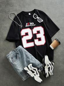 SHEIN Teen Girls Black & White Contrast Graphic Number & Letter Print Loose Fit Crew Neck Sports T-Shirt, Street , Basic, Daily Wear, Versatile, Suitable For Sports, Back To School, Vacation, College Style