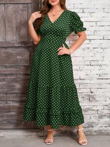 SHEIN Clasi 大码女式圆点印花 V 领泡泡袖优雅连衣裙 - 墨綠色 - 查看 7