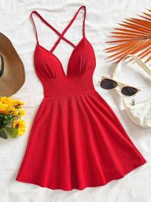 Soleia Women's Solid Color Pleated Criss-Cross Back Cami Mini Dress Beach Vacation Outfits Spring Summer Outfits For Women West Music Festival Bohemia Holiday Boho