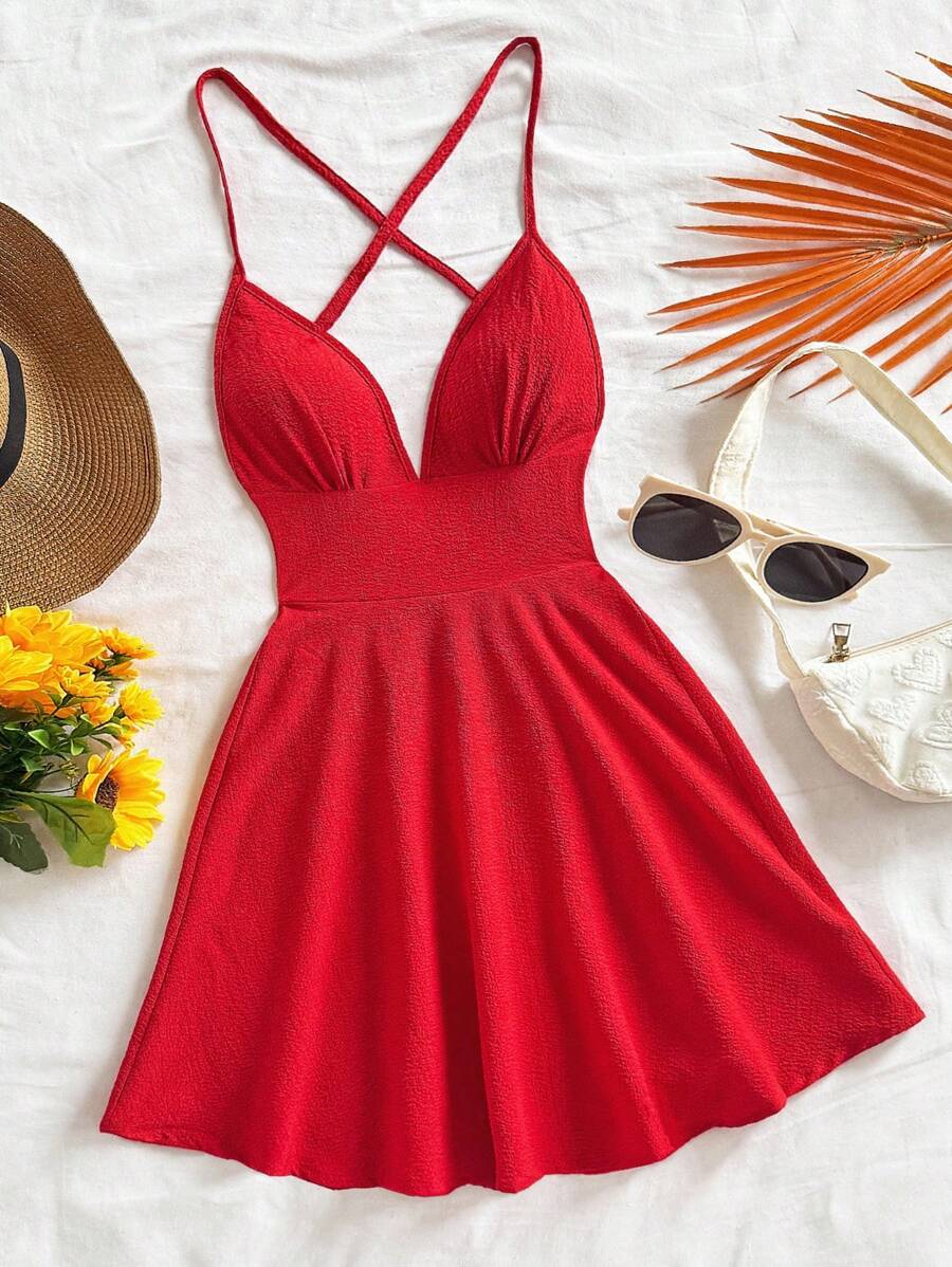 Soleia Women's Solid Color Pleated Criss-Cross Back Cami Mini Dress Beach Vacation Outfits Spring Summer Outfits For Women West Music Festival Bohemia Holiday Boho