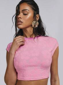 Athîral 2 件女式花卉提花蝙蝠袖短款上衣和短裤套装 - 粉色 - 查看 6