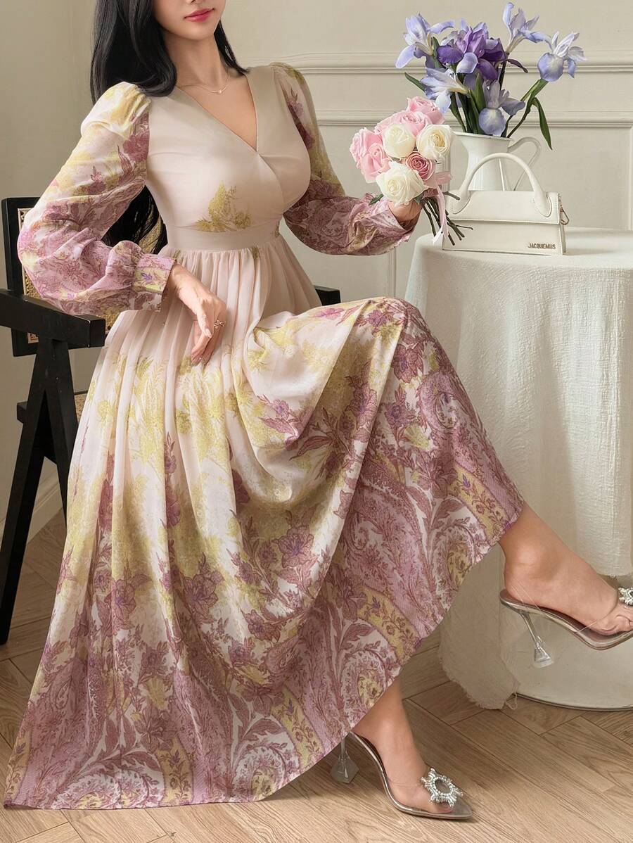 DAZY Đầm midi cổ vuông in hoa toàn thân phong cách Bohemian dành cho nữ, thanh lịch, đầm tay dài mùa thu, đầm lễ Phục sinh. - Màu Hồng Dưa hấu - Xem 1