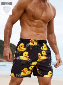 Surfspeed Men's Drawstring Waist Cartoon Duck Print Beach Shorts Men Swim Trunks - Yellow - View 2