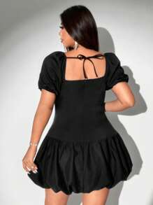 Viva Relle Plus Size Solid Color Sexy Lace Vacation Dress - Black - View 5