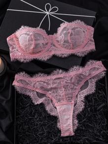 SHEIN 2件套女士蕾丝时尚紧身胸衣性感文胸和内裤内衣套装 - 粉色 - 查看 6