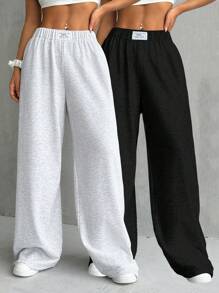 SHEIN EZwear 2pcs/Set Plus Size Women's Letter Embroidery Loose Fit Pants, Black And Grey