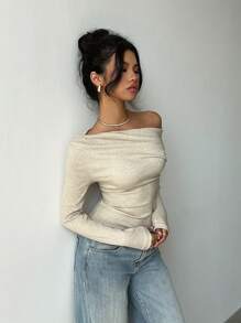 Aloruh Women's Casual Asymmetric Shoulder T-Shirt, Twist Knot Solid Color T-Shirt For Daily Wear, Commuting, Home, Layering, Long Sleeve Knit T-Shirt