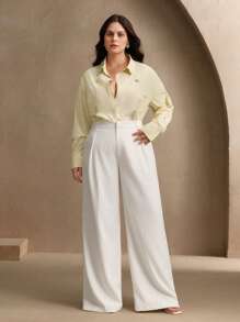 Anewsta 大码女式优雅水钻和珍珠装饰条纹宽松休闲衬衫，适合街头、度假、春季女式衬衫和衬衣 - 黃色 - 查看 4