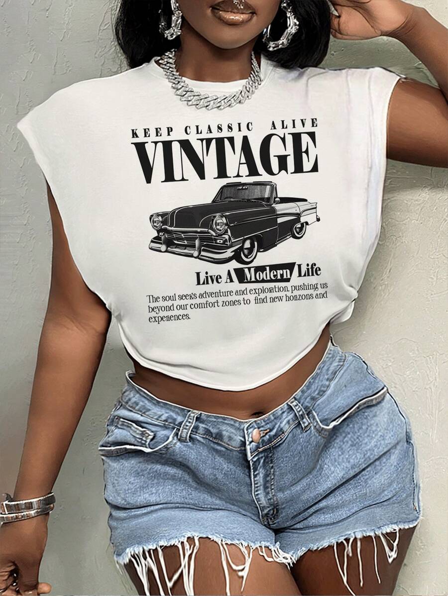 Slaydiva Plus Size Vintage Style Car Graphic T-Shirt With Text, Casual And Simple,Slightly Sheer Suitable For Summer - White - View 1