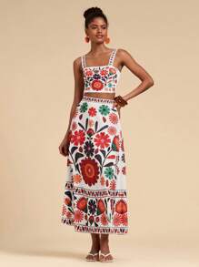 Travachic 2 Pieces Set Women Vacation Print Cropped Tank Top & High Waist Skirt, Summer Outfits For Women, Beachwear, Easter, Beach Outfits For Woman, Spring Break, Vacation Outfits Women, Concert Outfit Women, BOHO, Music Festival, Tropical Vacation Woman Clothes,Summer Sets - White - View 6