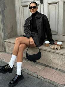 DAZY 女士街头风格 PU 皮夹克，宽松长袖翻领