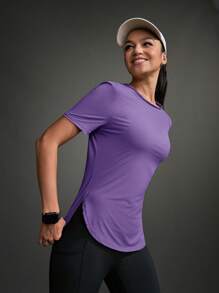 Powerista Áo thun thể thao ngoài trời cổ tròn tay ngắn màu trơn dành cho nữ - Màu tím - Xem 12