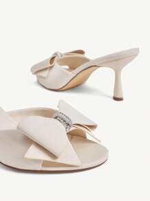 CUCCOO CHICEST Women's Elegant Peep Toe Crystal Bow Embellished Wedge High Heel Sandals, Sweet Romantic Faux Leather Ladies Slip On Shoes, Suitable For Summer Wedding, Party, Tea Date, Holiday - Beige - View 9