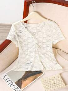 INAWLY Top de moda con mangas de volantes de encaje floral para mujer, adecuado para vacaciones - Blanco - Ver 3