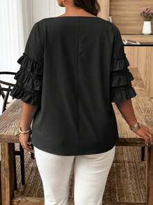 SHEIN LUNE 休闲/度假风格纯色大码荷叶边下摆衬衫 - 黑色 - 查看 2