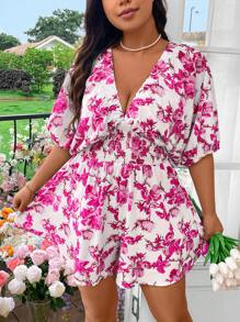 Flirla Plus Size Women Floral Print Elastic Waist Sleeveless Jumpsuit - Hot Pink - View 6