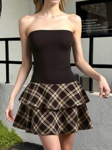 SHEIN Teen Girl Brown Contrast Plaid Casual Sports Cake Skirt Dress