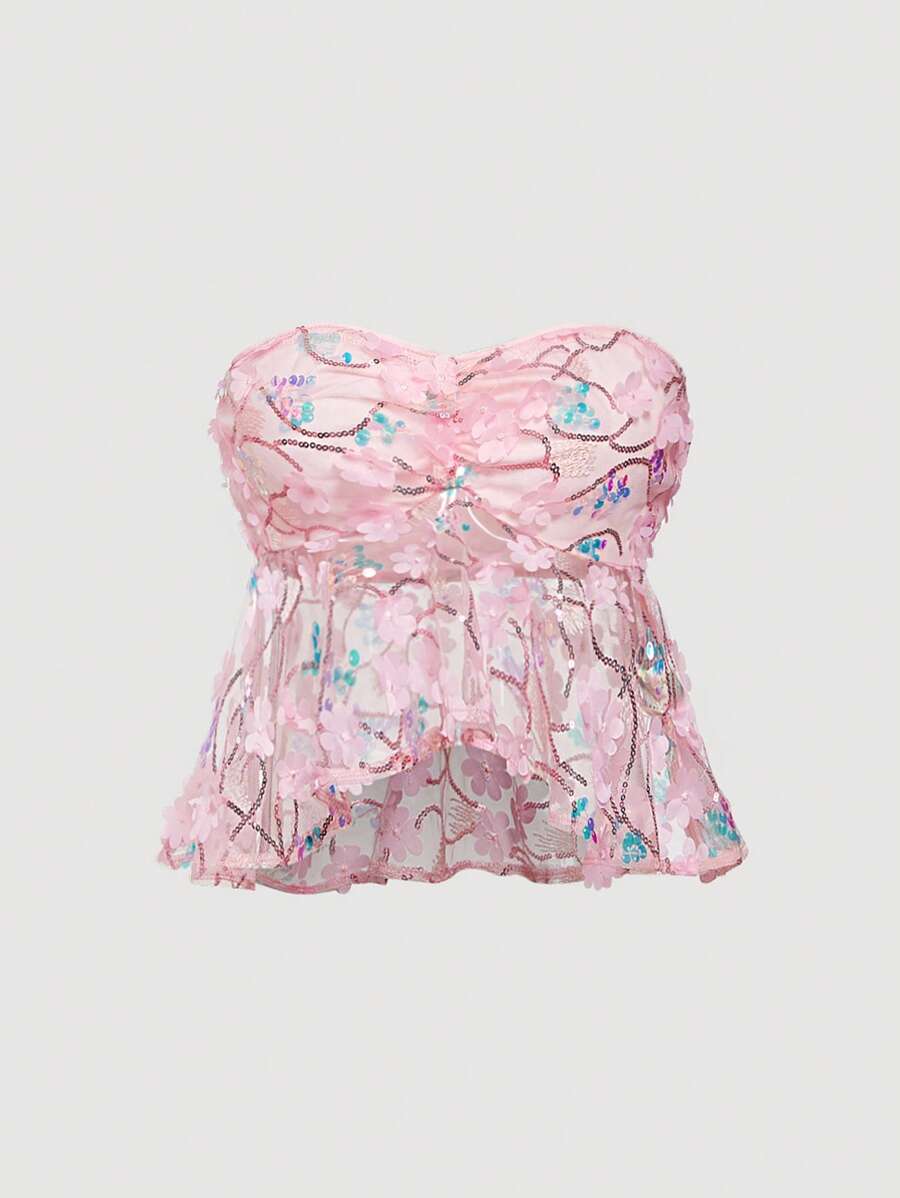 SHEIN MOD 女士时尚迷人 3D 花卉亮片装饰紧身胸衣上衣、粉色上衣、Y2k 上衣、女士可爱上衣、网眼上衣、波西米亚风上衣、沙滩上衣、外出上衣、派对上衣 - 粉色 - 查看 1