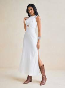 Nazario Đầm dài xẻ tà đan chéo co giãn cao, dây đeo chéo màu trắng, Đầm dự tiệc, Đầm cưới, Đầm dạ hội - trắng - Xem 6