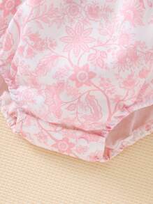 Souflis Souflis Babymeisje Lente/Herfst Casual Schattig Comfortabel Ronde Hals Kraag Digitaal Bloemen All Over Print Korte Mouw Pofmouw Romper