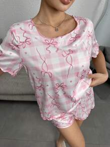 SHEIN Bow Frame Quilted Hem Casual Women Pajama Set Women Pj Set Short - Pink - View 6