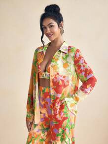 Eva Novielli Designer Colorful Summer Floral Printed See-Through Chiffon Long Sleeve Shirt Women Vacation Blouses - Multicolor - View 5