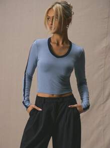 MUSERA Contrast Trim V Neck Fitted Long Sleeved Top Spring Summer Cute Vacation 90's Y2k - Baby Blue - View 1