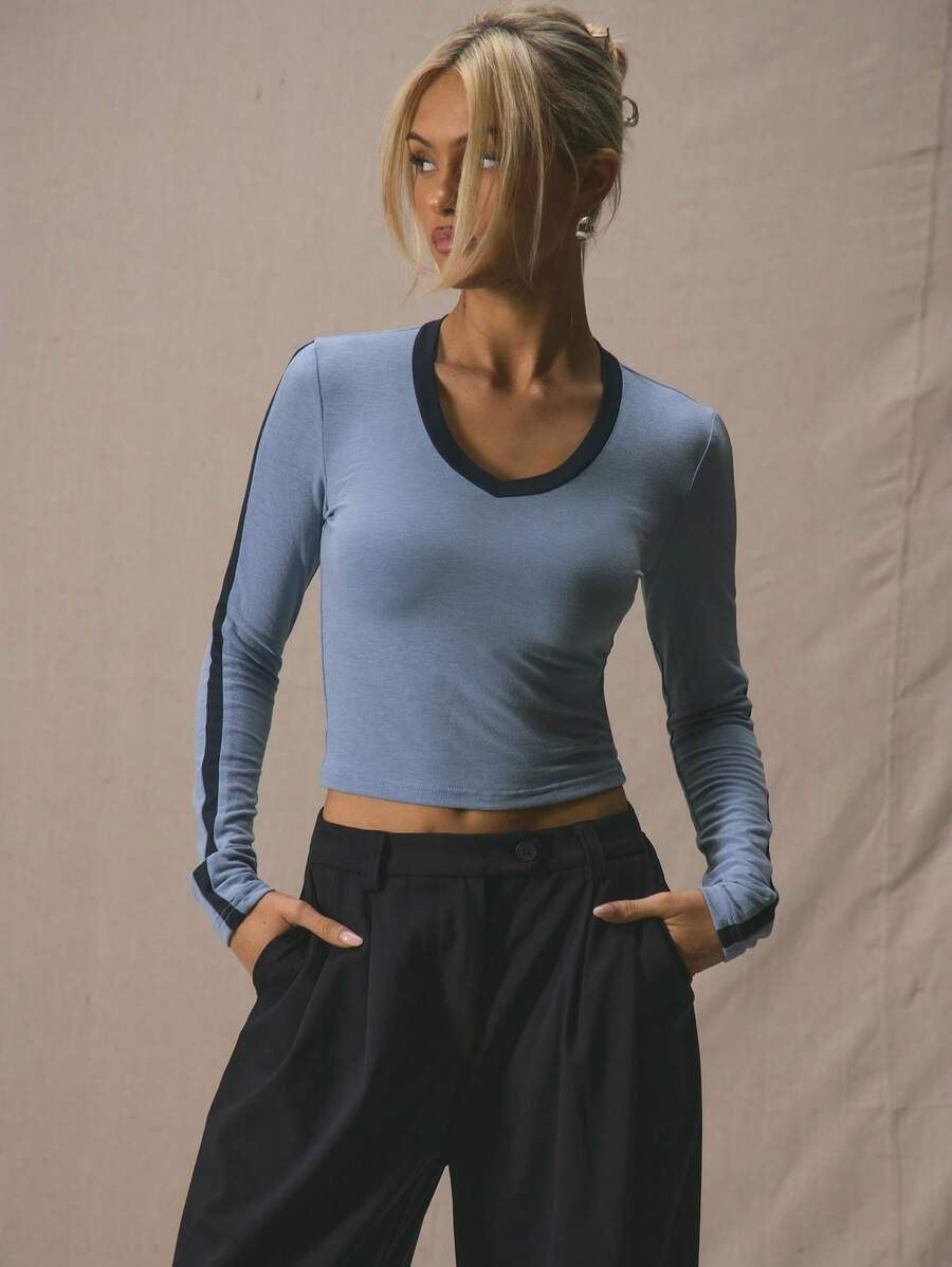 MUSERA Contrast Trim V Neck Fitted Long Sleeved Top Spring Summer Cute Vacation 90's Y2k - Baby Blue - View 1