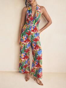 Miriam Omar Jumpsuit Panjang Model Musim Semi dan Musim Panas Berwarna-warni dengan Motif Bunga yang Ceria, Leher Halter V Dalam, dan Bagian Belakang Berkerut, Potongan Lebar. - MultiWarna - View 5