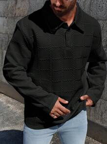 Manfinity Homme Plus Size Men's Casual Solid Color Textured Polo Shirt, For Fall, Long Sleeve Top - Black - View 6
