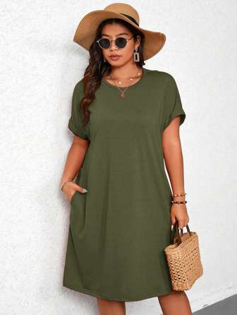 EMERY ROSE Plus Size Summer Casual Loose Fit Round Neck Straight Dress