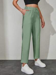 EURMUSE Solid Drawstring Waist Slant Pocket Trousers - Grey - View 4