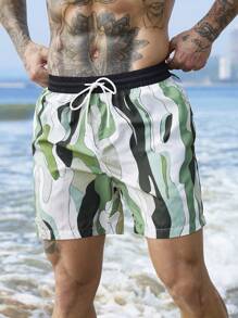 Surfspeed Men's Contrast Color Print Drawstring Waist Beach Shorts - Army Green - View 5
