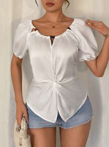 Chiquease Women's Drawstring Ruffled Round Neck Puff Sleeve Satin Shirt - White - View 3