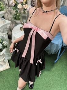 SHEIN Teen Girl Colorblock Floral Lace Trim Bow Decor Jacquard Dress