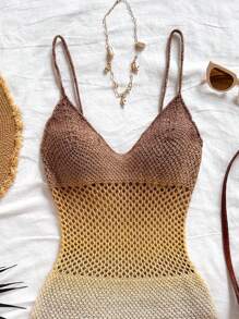 Soleia Women Vacation Gradient Knit Spaghetti Strap Mini Dress - Multicolor - View 3