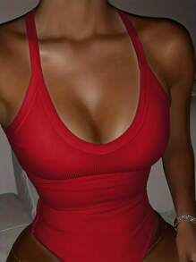 INAWLY Plus Size Solid Color Tight Backless Spaghetti Strap One-Piece Bodysuit