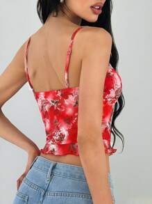 SHEIN EZwear Women's Summer Clothing Romantic Vintage Floral Print Vacation Short Red Western Camisole - Red - View 7
