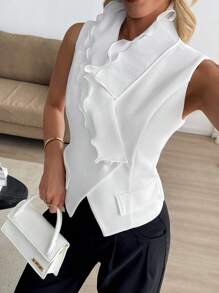 SHEIN Clasi Elegant Sleeveless Women's Shirt With White Ruffle Trim And V-Neck - White - View 4