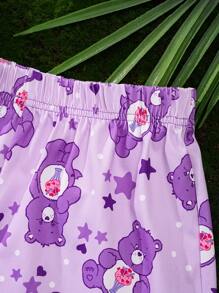 SHEIN X Care Bears Conjunto de pijama de top tipo camiseta de tirantes y shorts con estampe de oso y estrellas para niñas preadolescentes, ropa de dormir de verano, X